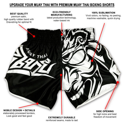 Info graphic for Tribal Samurai Muay Thai Boxing Shorts showing premium satin, sublimation print, side openings and reinforced seams