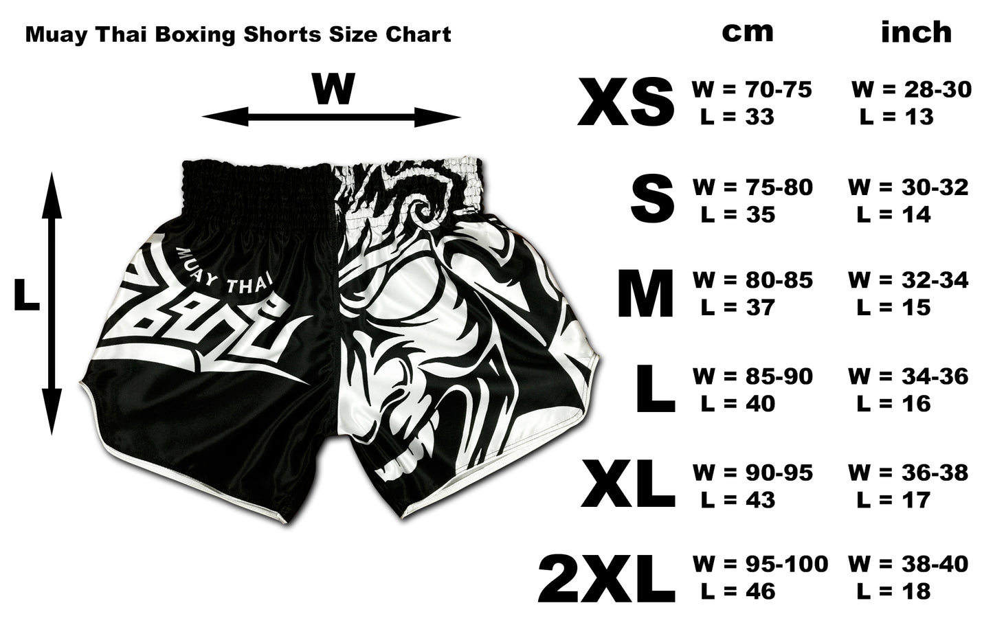 Size chart for Tribal Samurai Muay Thai Boxing Shorts with measurements from XS to 2XL in centimeters and inches