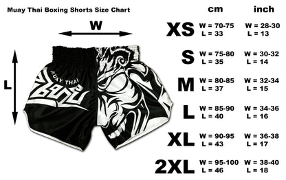 Size chart for Tribal Samurai Muay Thai Boxing Shorts with measurements from XS to 2XL in centimeters and inches
