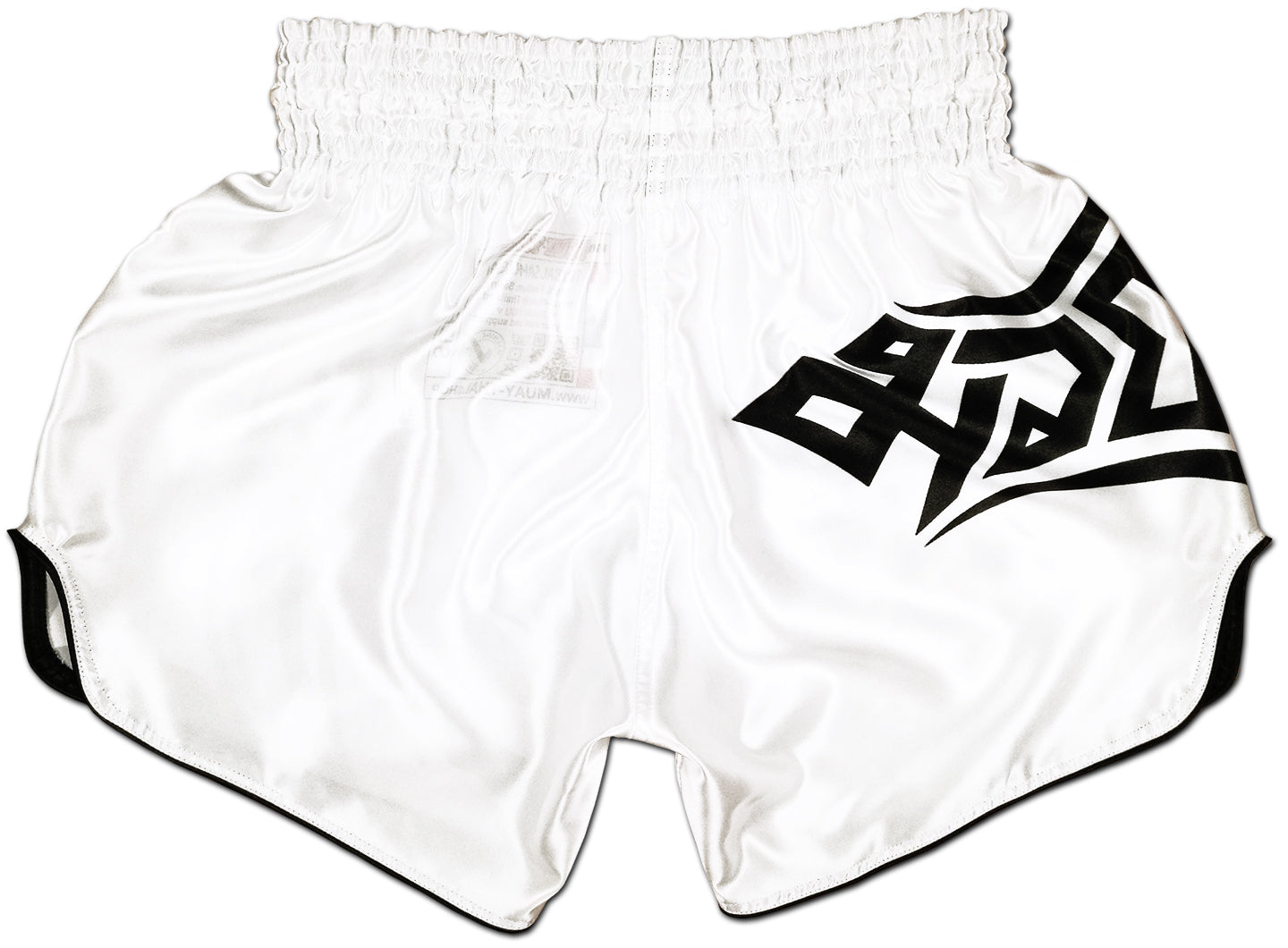 Back view of Tribal Samurai Muay Thai Boxing Shorts in white satin with black tribal artwork and elastic waistband