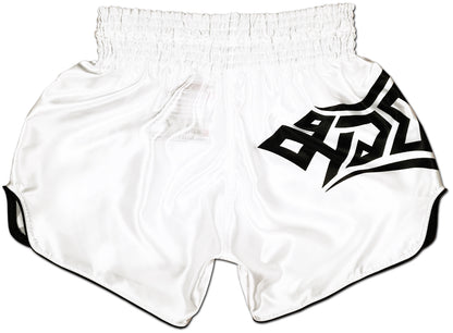 Back view of Tribal Samurai Muay Thai Boxing Shorts in white satin with black tribal artwork and elastic waistband