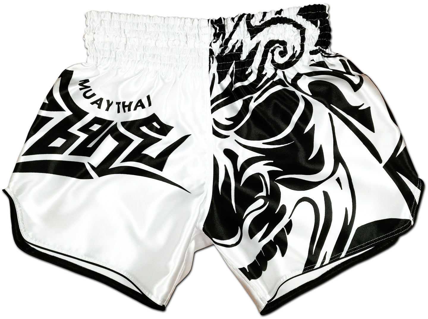 Tribal Samurai Muay Thai Boxing Shorts in white and black satin with bold tribal samurai artwork on the front