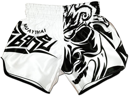 Tribal Samurai Muay Thai Boxing Shorts in white and black satin with bold tribal samurai artwork on the front