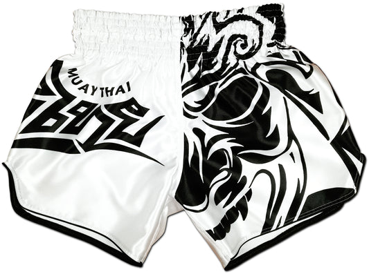 Tribal Samurai Muay Thai Boxing Shorts in white and black satin with bold tribal samurai artwork on the front