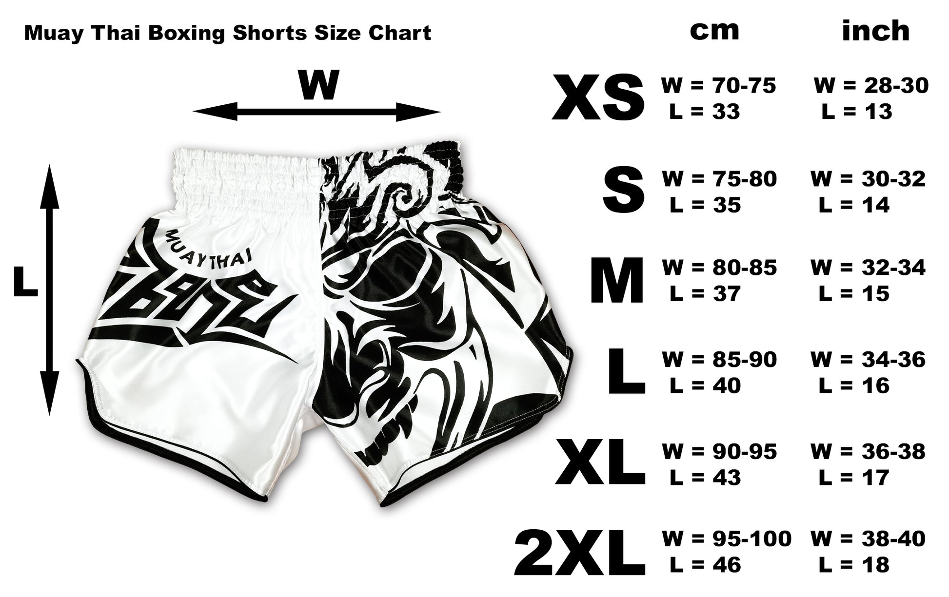 Size chart for Tribal Samurai Muay Thai Boxing Shorts with measurements from XS to 2XL in centimeters and inches