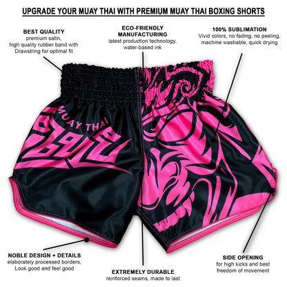 Infographic showing premium satin construction, 100% sublimation print, side openings and reinforced seams of women's Tribal Samurai pink fight shorts