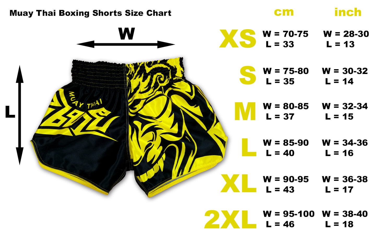 Size chart for women's Tribal Samurai Thai boxing shorts available in XS to 2XL with waist and length measurements in cm and inch