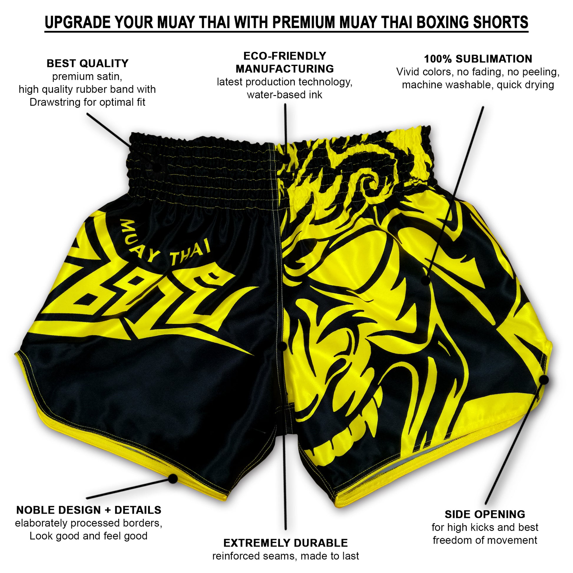 Infographic showing premium satin construction, 100% sublimation print, side openings and reinforced seams of Tribal Samurai fight shorts in black and yellow