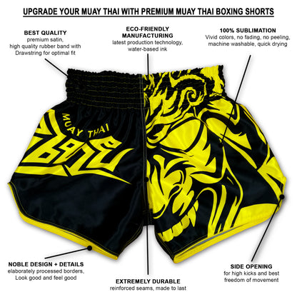 Infographic showing premium satin construction, 100% sublimation print, side openings and reinforced seams of Tribal Samurai fight shorts in black and yellow