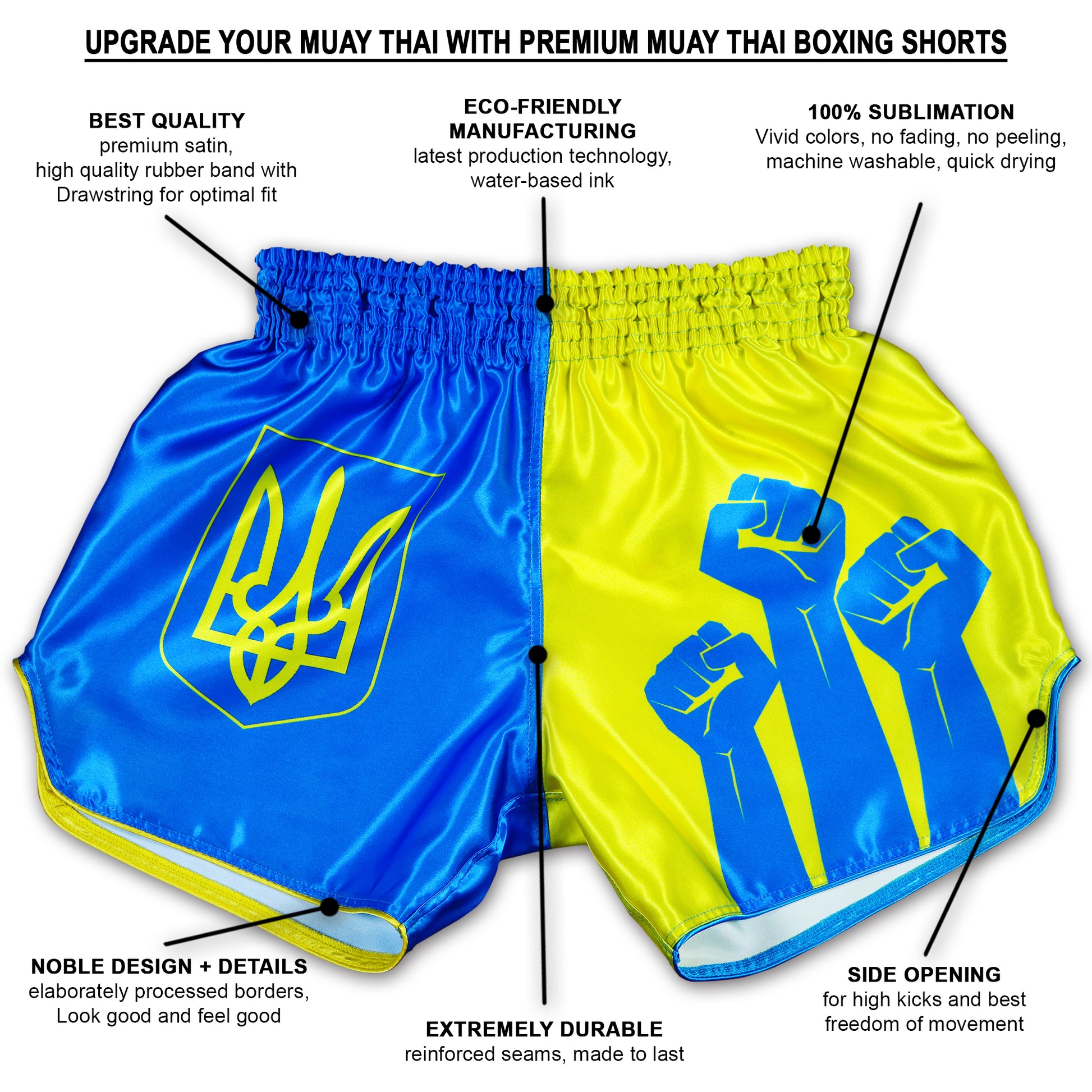 Ukraine Fight Shorts infographic showing premium satin, reinforced seams and side slits for maximum movement