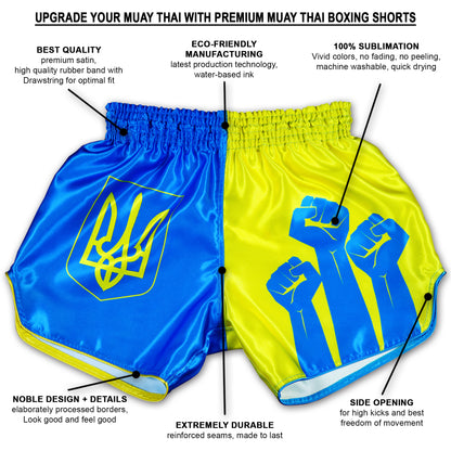 Ukraine Fight Shorts infographic showing premium satin, reinforced seams and side slits for maximum movement