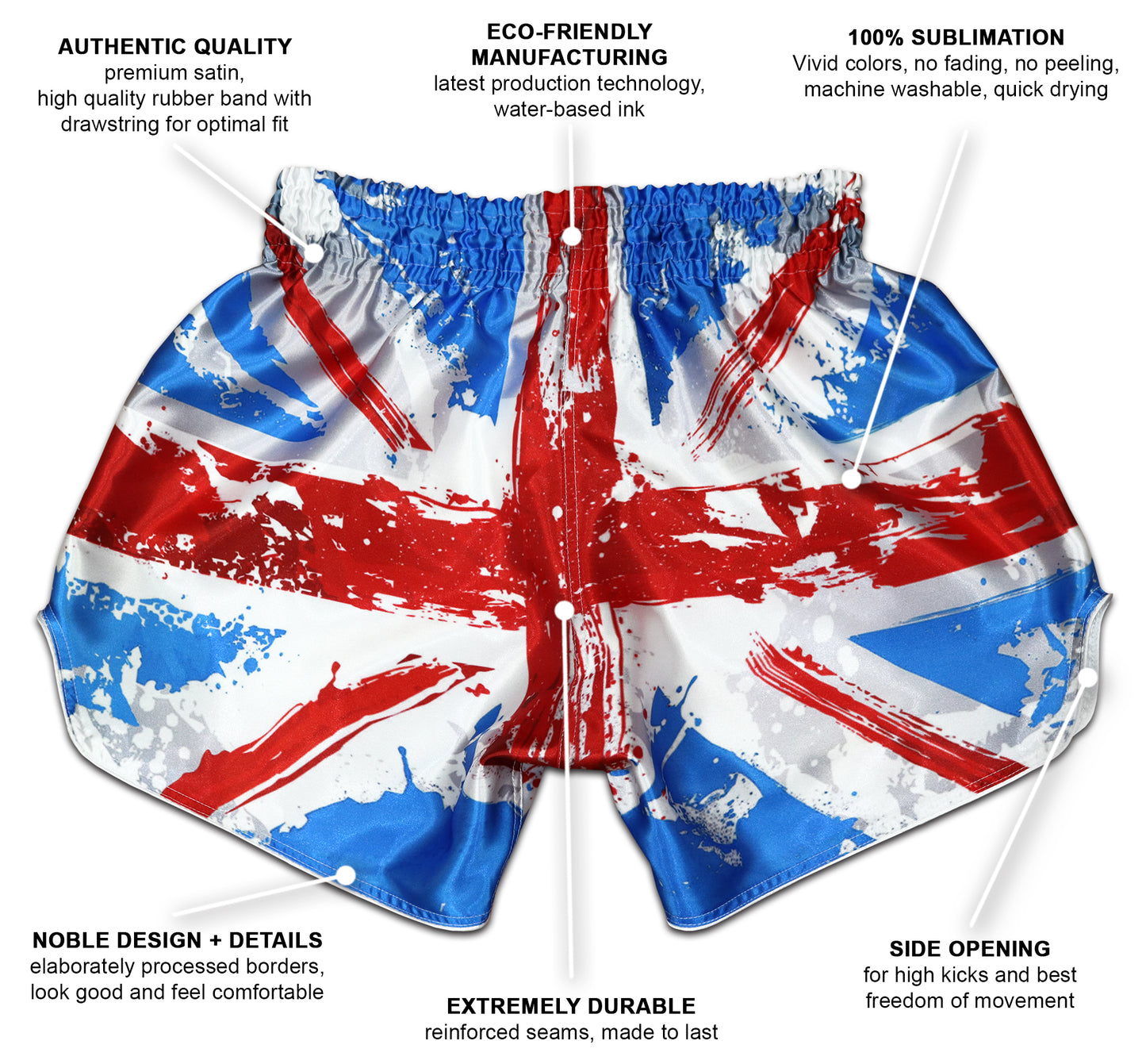 Infographic showing premium satin, eco-friendly sublimation, side openings and reinforced seams of Union Jack Fight Shorts