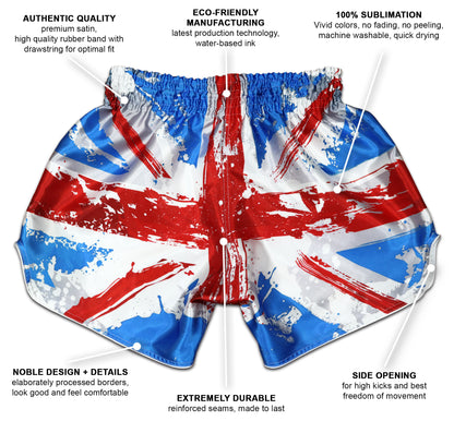 Infographic showing premium satin, eco-friendly sublimation, side openings and reinforced seams of Union Jack Fight Shorts