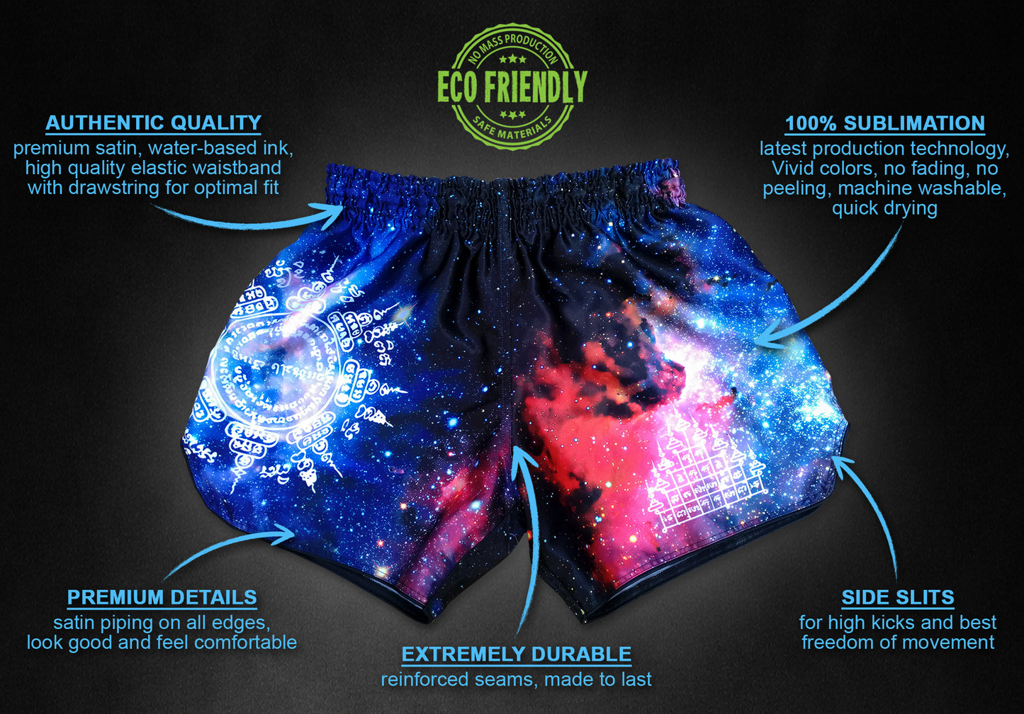 Universe Galaxy satin training shorts with Sak Yant symbols explained: Gao Yord, Paed Tidt, Twin Tiger Suea and Hah Taew