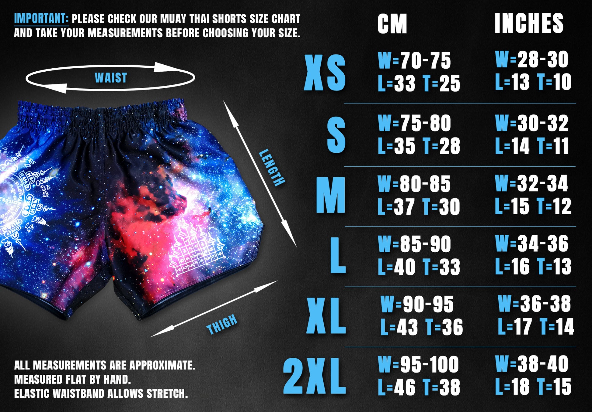 Size chart for Universe Galaxy fight shorts, waist and length measurements in cm and inches from XS to 2XL