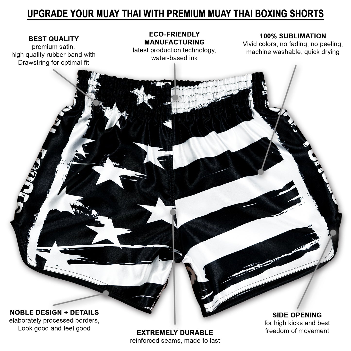 USA Special Forces Black Ops Muay Thai Shorts infographic showing premium satin, 100% sublimation, reinforced seams, side slits, handmade in Thailand and more
