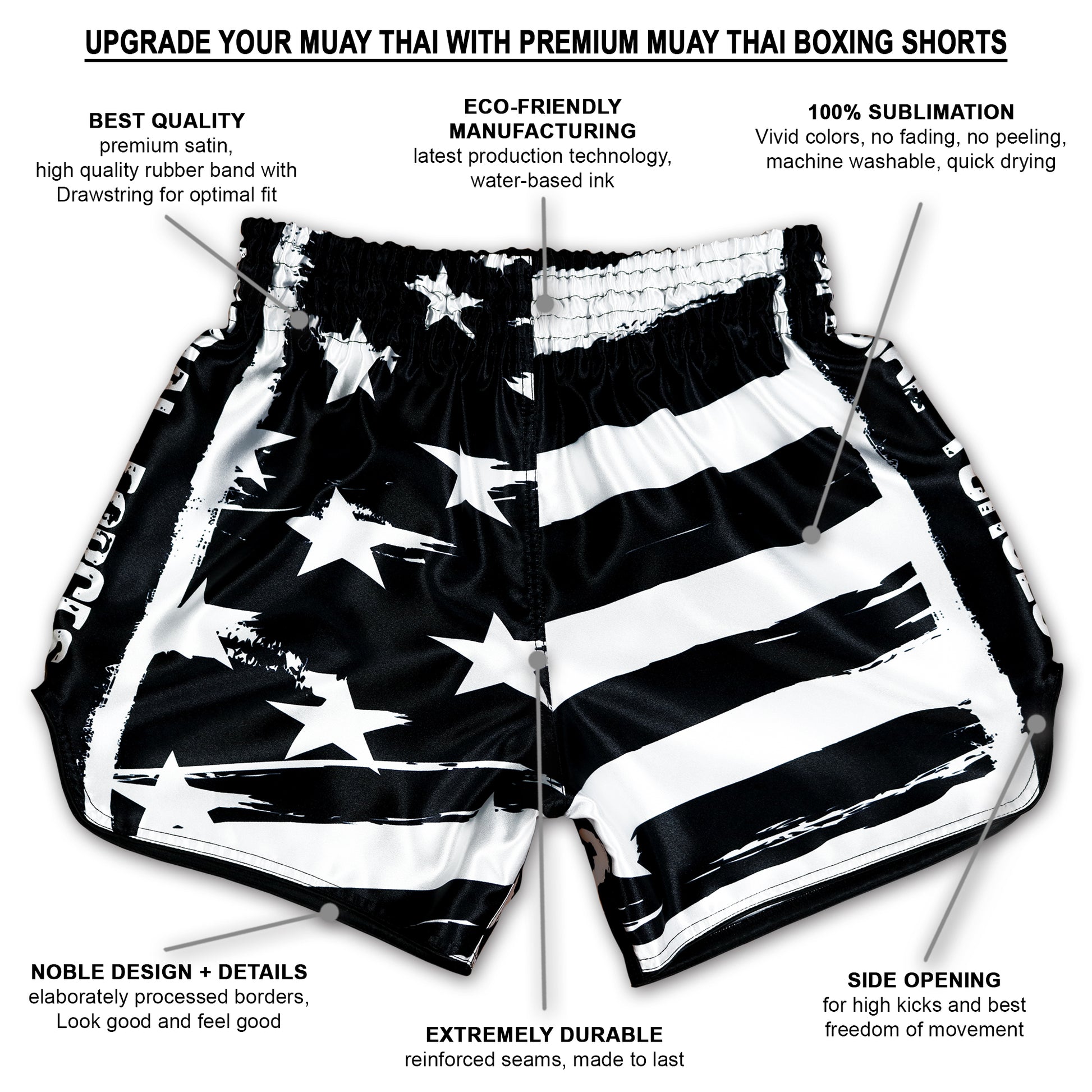 USA Special Forces Black Ops Muay Thai Shorts infographic showing premium satin, 100% sublimation, reinforced seams, side slits, handmade in Thailand and more