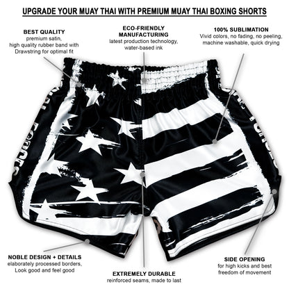 USA Special Forces Black Ops Muay Thai Shorts infographic showing premium satin, 100% sublimation, reinforced seams, side slits, handmade in Thailand and more