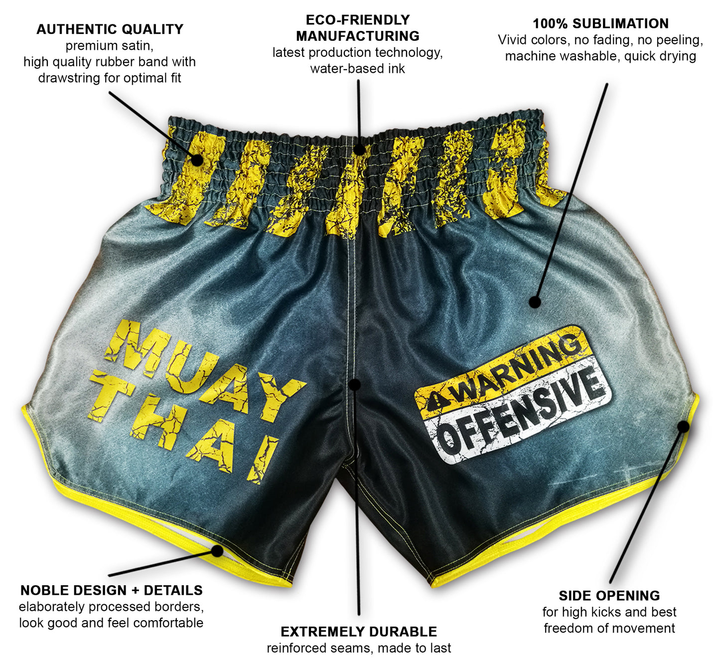Warning Offensive Thai boxing shorts infographic showing premium satin, sublimation print, side openings and reinforced seams