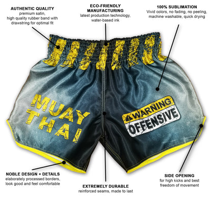 Warning Offensive Thai boxing shorts infographic showing premium satin, sublimation print, side openings and reinforced seams