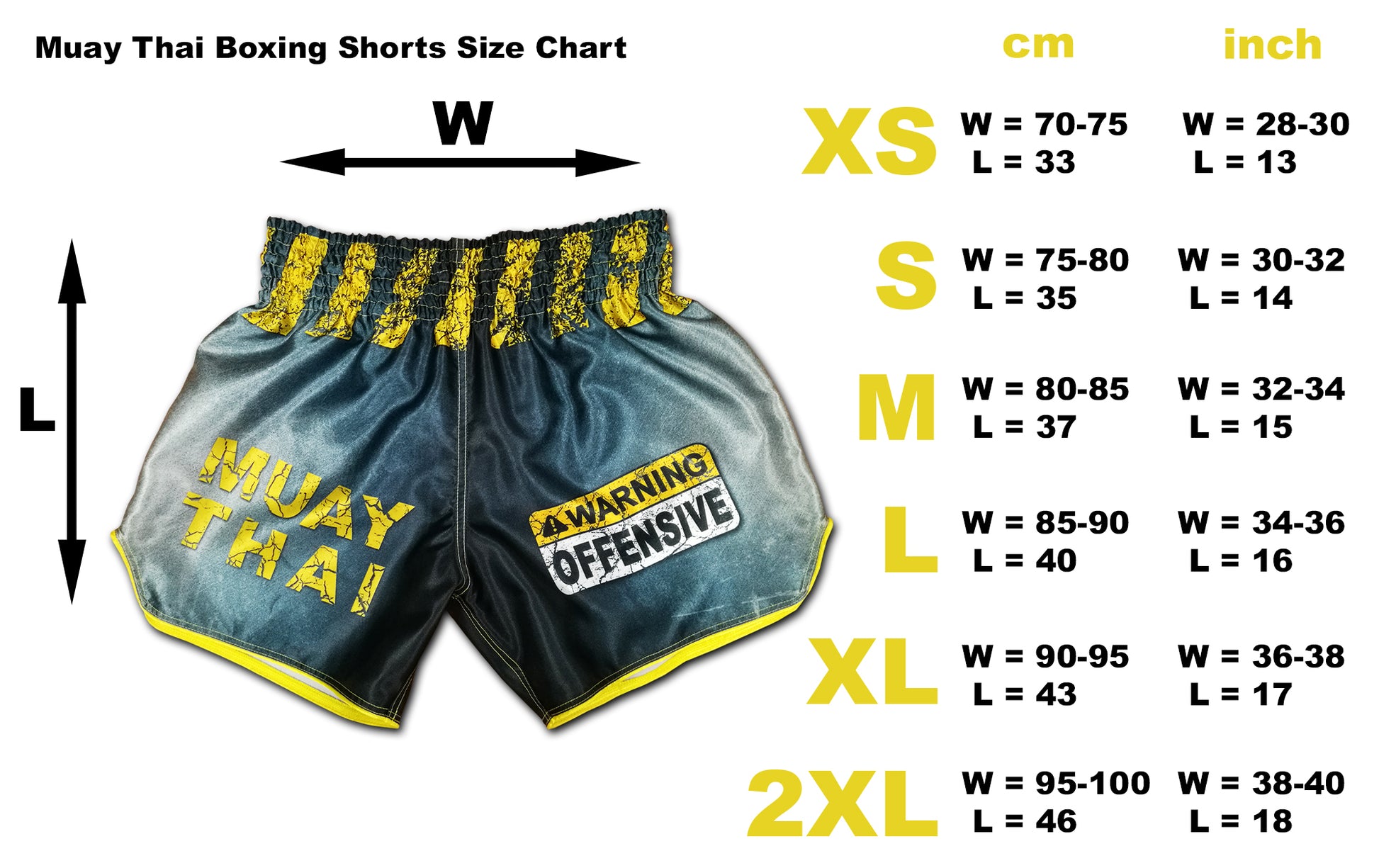 Muay Thai boxing shorts size chart with measurements in cm and inches for sizes XS to 2XL