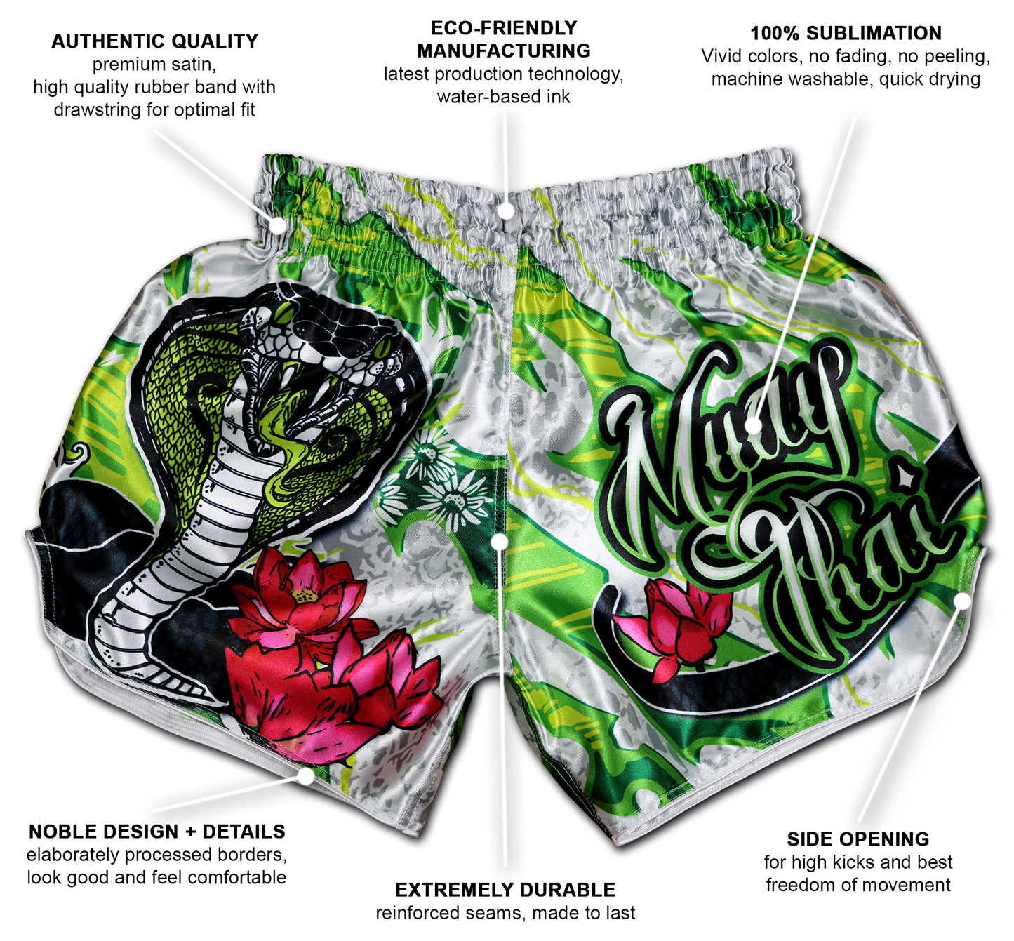 White Cobra Muay Thai Boxing Shorts infographic showing premium satin, 100% sublimation, reinforced seams, side slits, handmade in Thailand and more