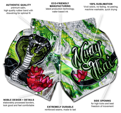 White Cobra Muay Thai Boxing Shorts infographic showing premium satin, 100% sublimation, reinforced seams, side slits, handmade in Thailand and more