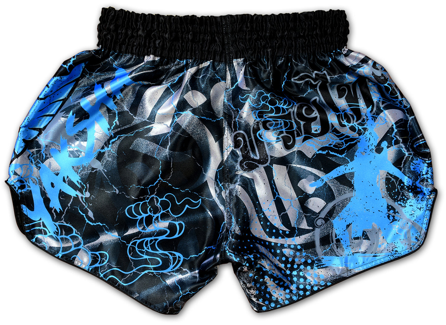 YAKSHA Demons Thai boxing shorts back view, electric blue and silver Thai script on fractured black satin