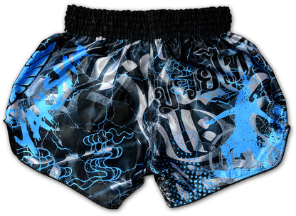YAKSHA Demons Thai boxing shorts back view, electric blue and silver Thai script on fractured black satin