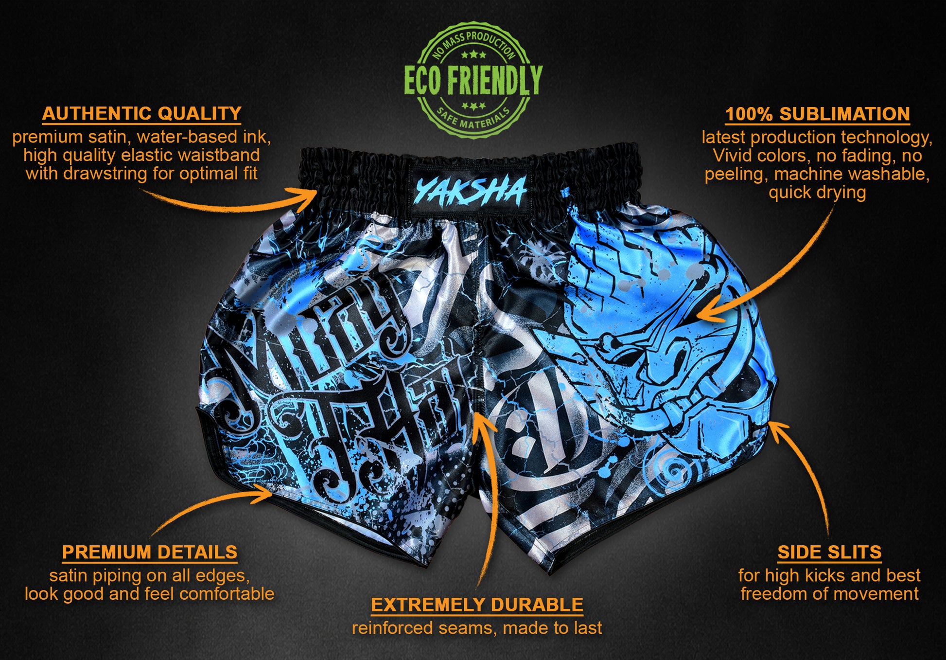 YAKSHA Demons fight shorts features infographic: premium satin, 100% sublimation, side slits, reinforced seams