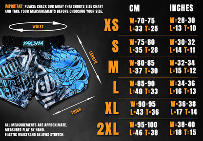 YAKSHA Demons Muay Thai shorts size chart XS to 2XL, waist and length measurements in cm and inches