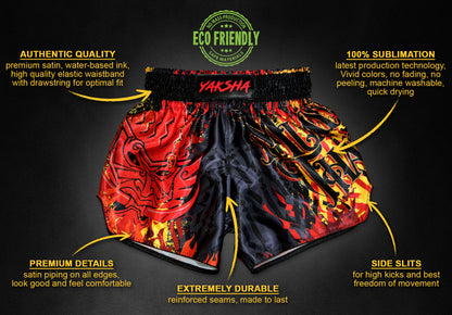 YAKSHA Firestarter fight shorts features infographic: premium satin, 100% sublimation, side slits, reinforced seams