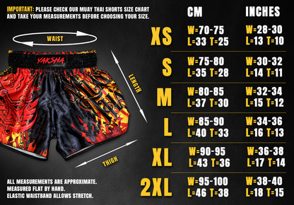 YAKSHA Firestarter Muay Thai shorts size chart XS to 2XL, waist and length measurements in cm and inches