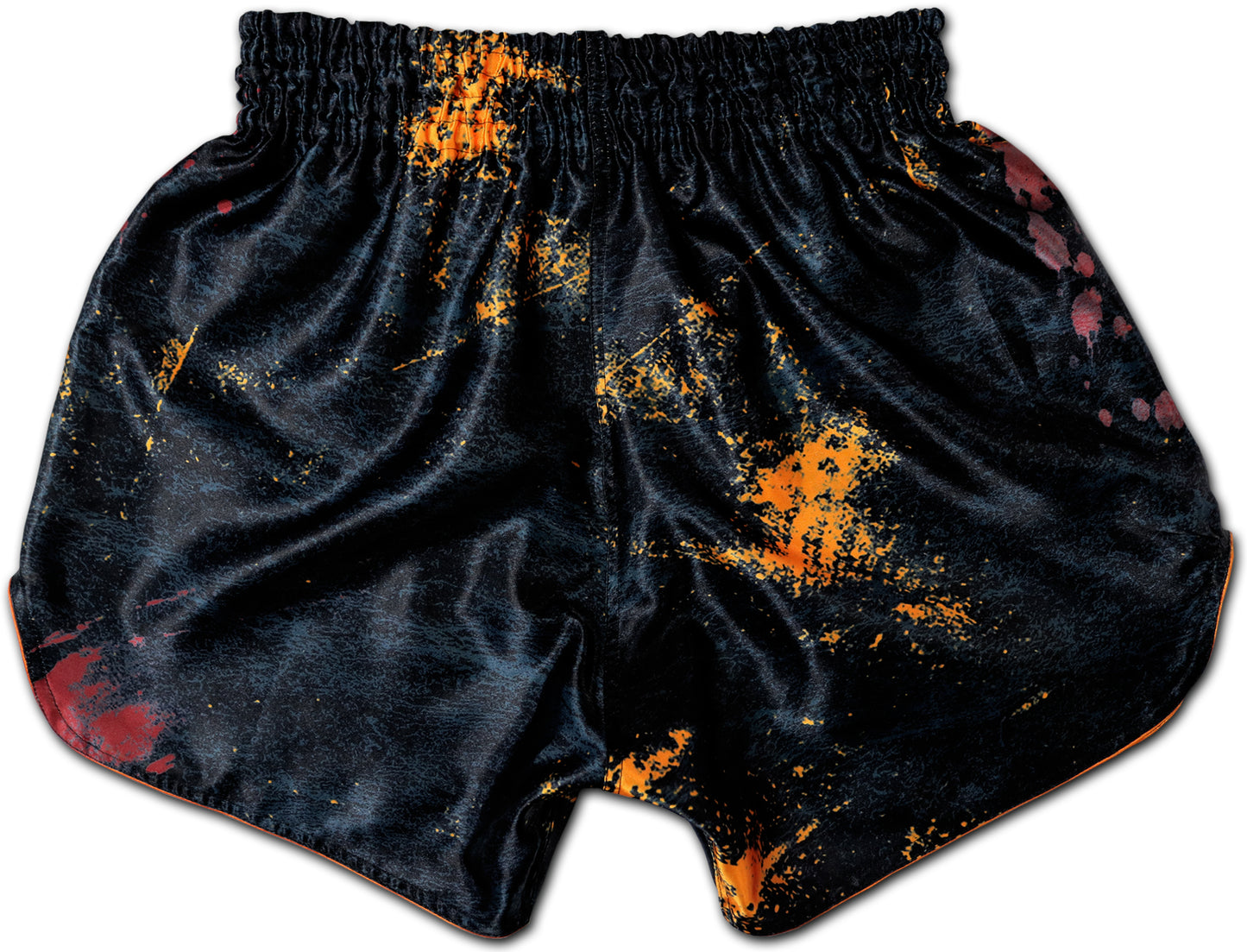 Back view of YAKSHA Grunge Black Orange Thai boxing shorts with molten orange YAKSHA script logo