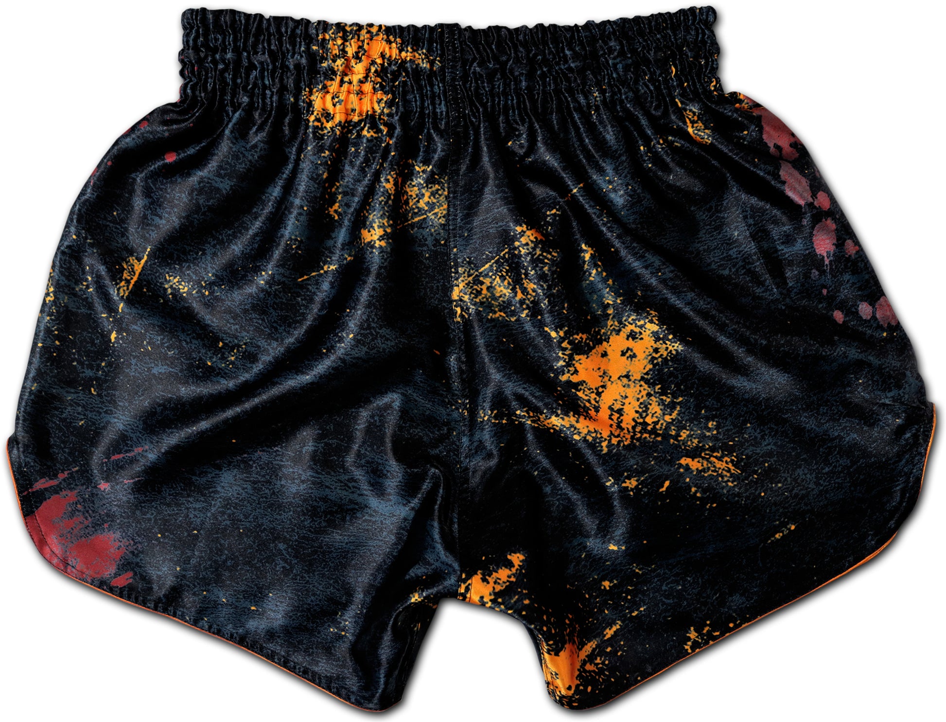 Back view of YAKSHA Grunge Black Orange Thai boxing shorts with molten orange YAKSHA script logo
