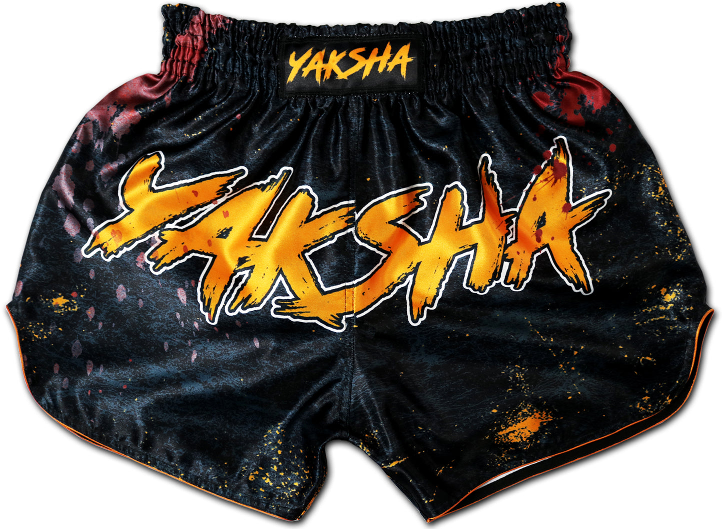 YAKSHA Grunge Black Orange Thai boxing shorts with scorched satin finish and blood red waistband bleed