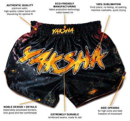 Infographic showing premium satin, sublimation print and side slit features of YAKSHA Grunge Black Orange shorts