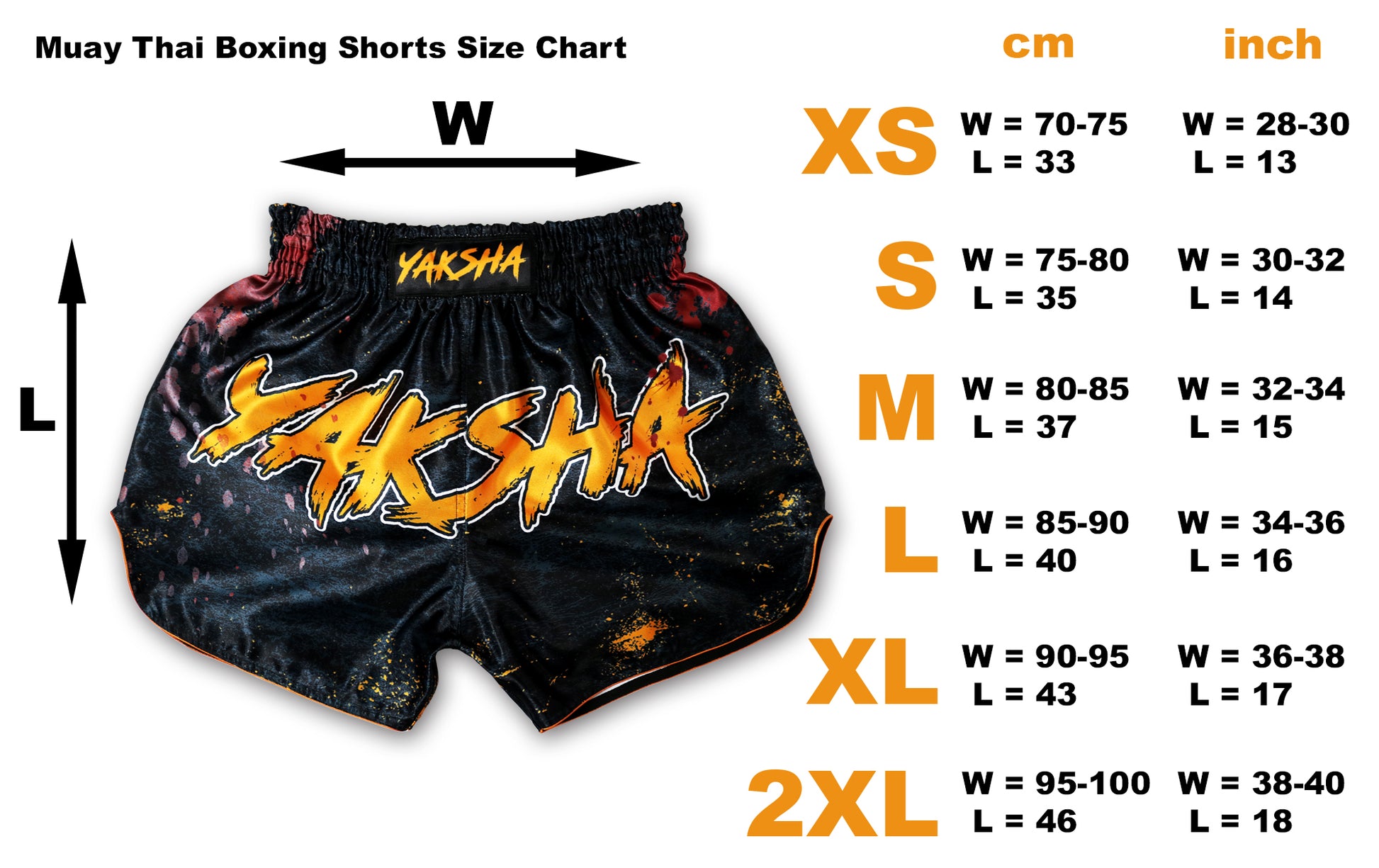 Muay Thai boxing shorts size chart in centimeters and inches from XS to 2XL