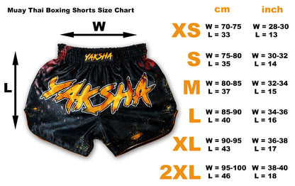 Muay Thai boxing shorts size chart in centimeters and inches from XS to 2XL