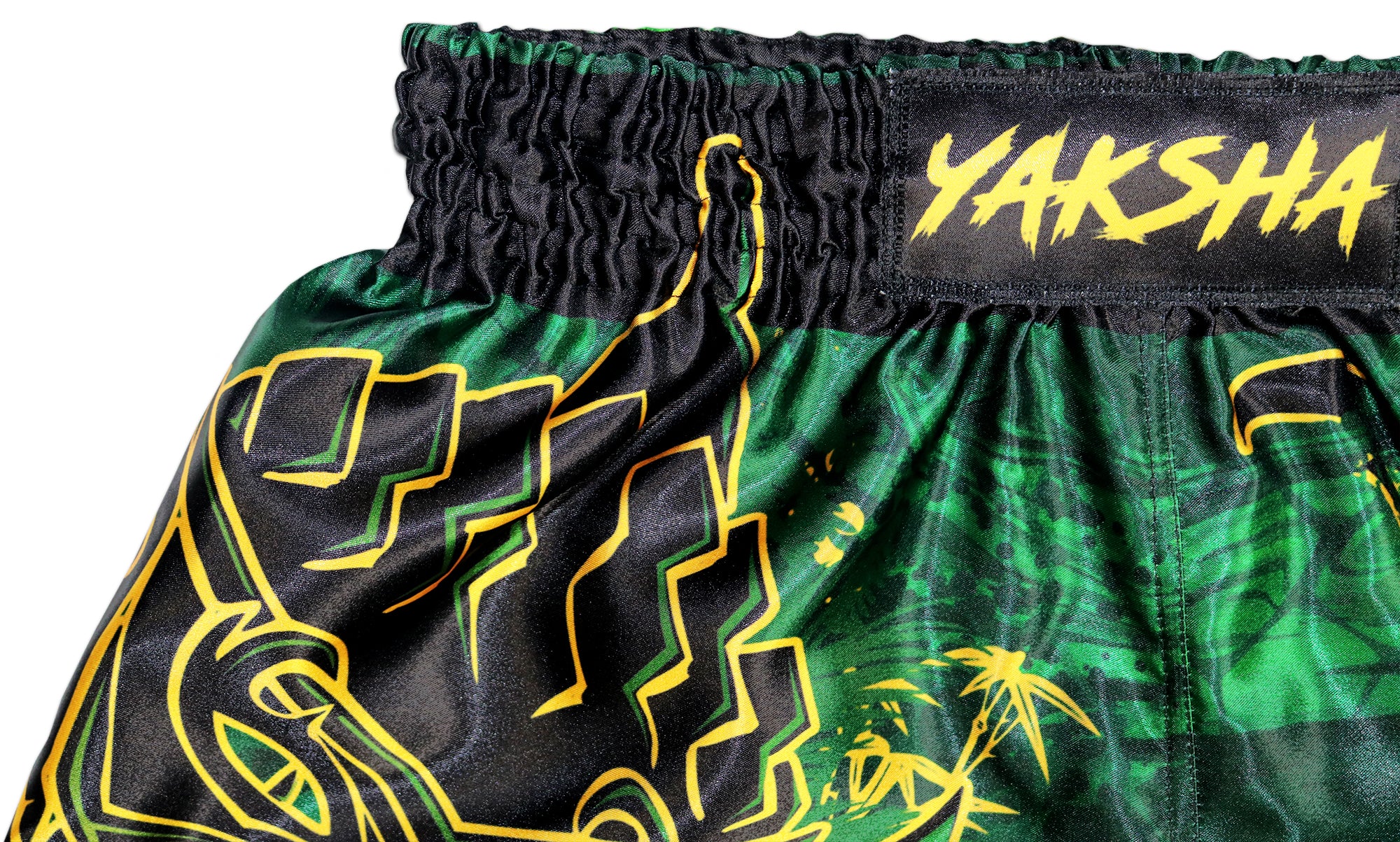 YAKSHA 👊💥 Rumble in the Jungle Fight Shorts in Black, Green and Gold