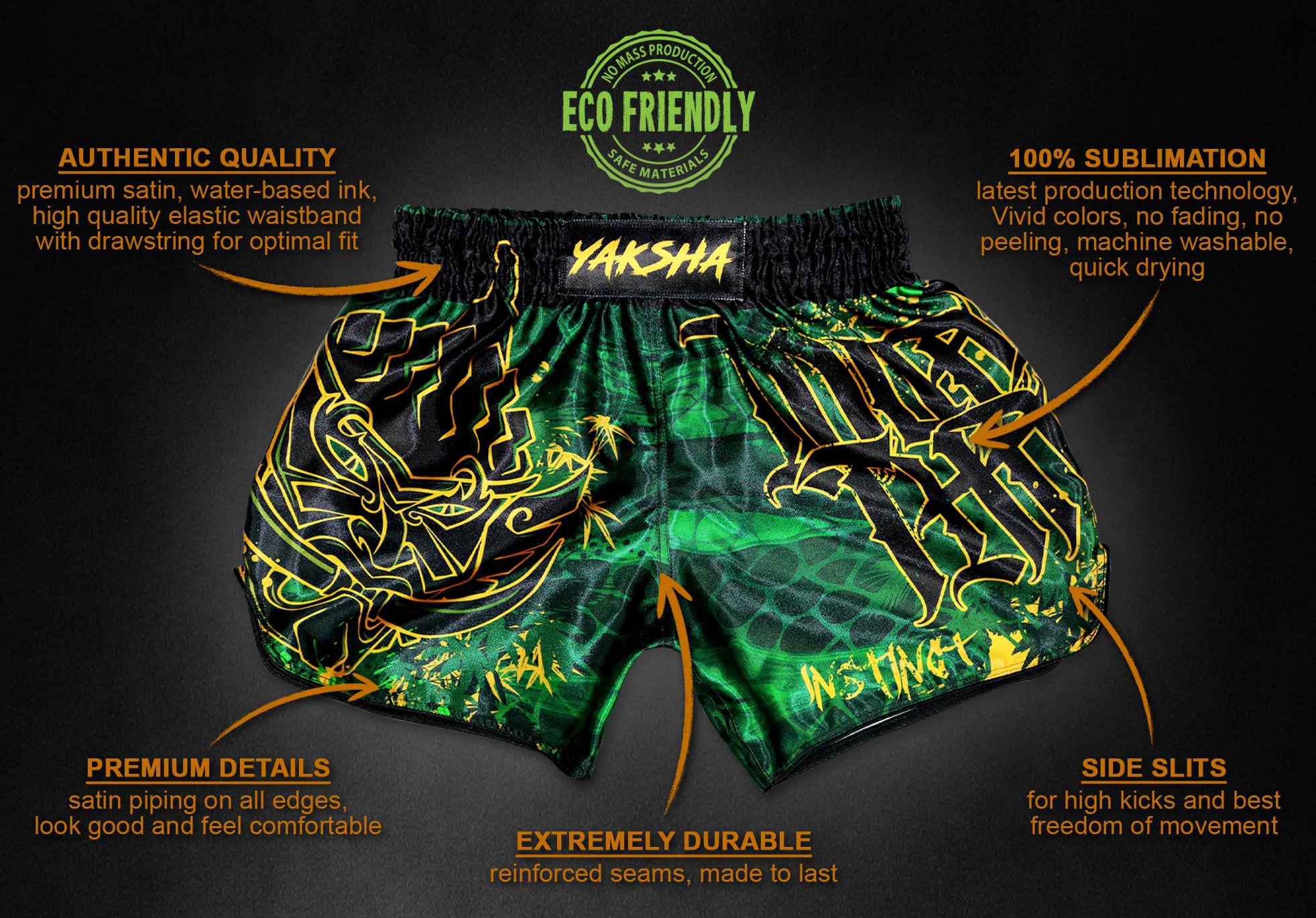 YAKSHA 👊💥 Rumble in the Jungle Fight Shorts in Black, Green and Gold