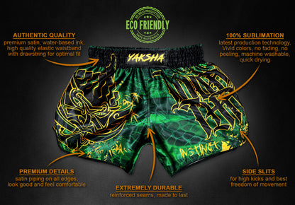 YAKSHA Rumble in the Jungle Fight Shorts features infographic, premium satin, side slits, reinforced seams, 100% sublimation