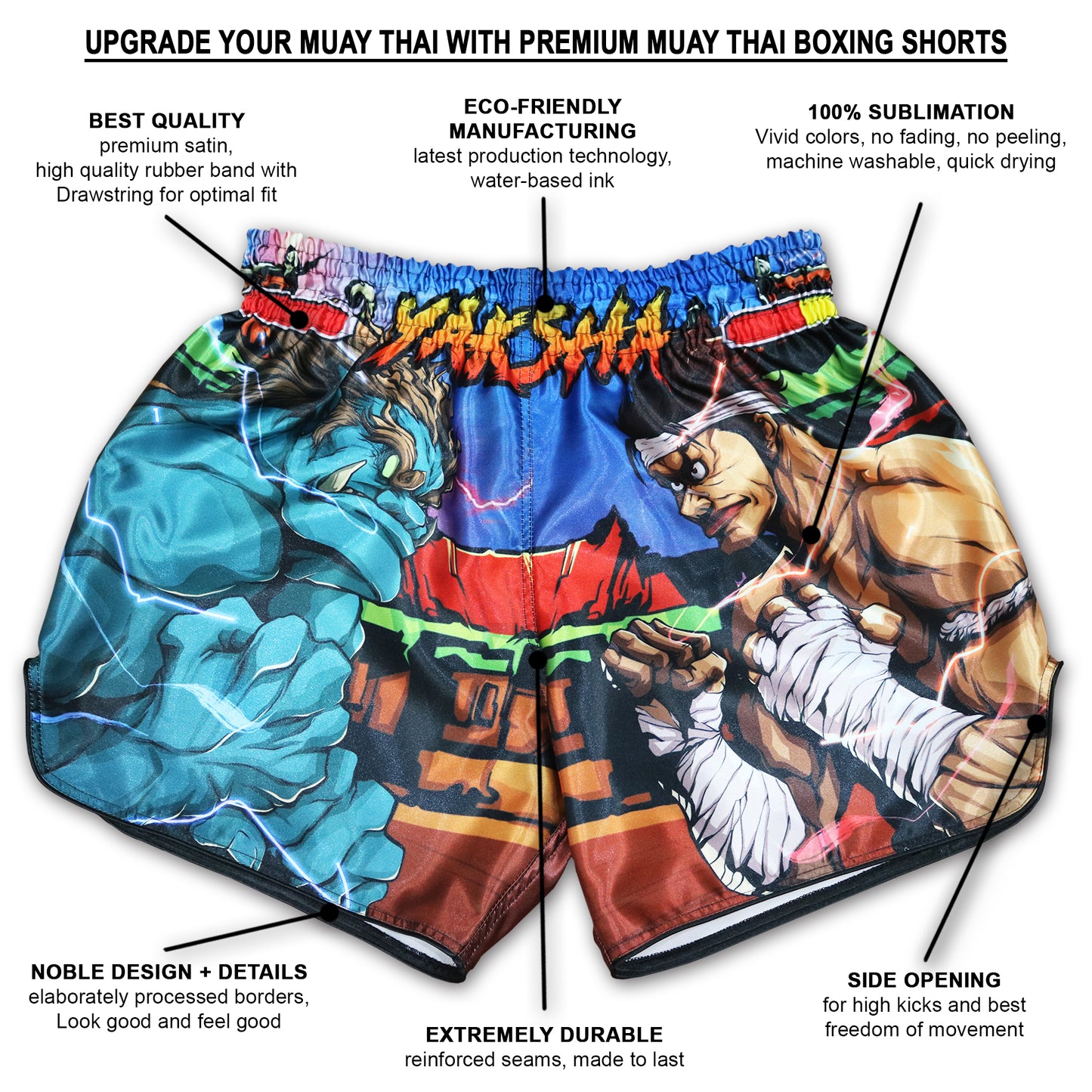 Infographic of YAKSHA Street Fighter shorts showing informations about  premium satin, sublimation print, side openings and much more