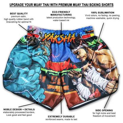 Infographic of YAKSHA Street Fighter shorts showing informations about  premium satin, sublimation print, side openings and much more