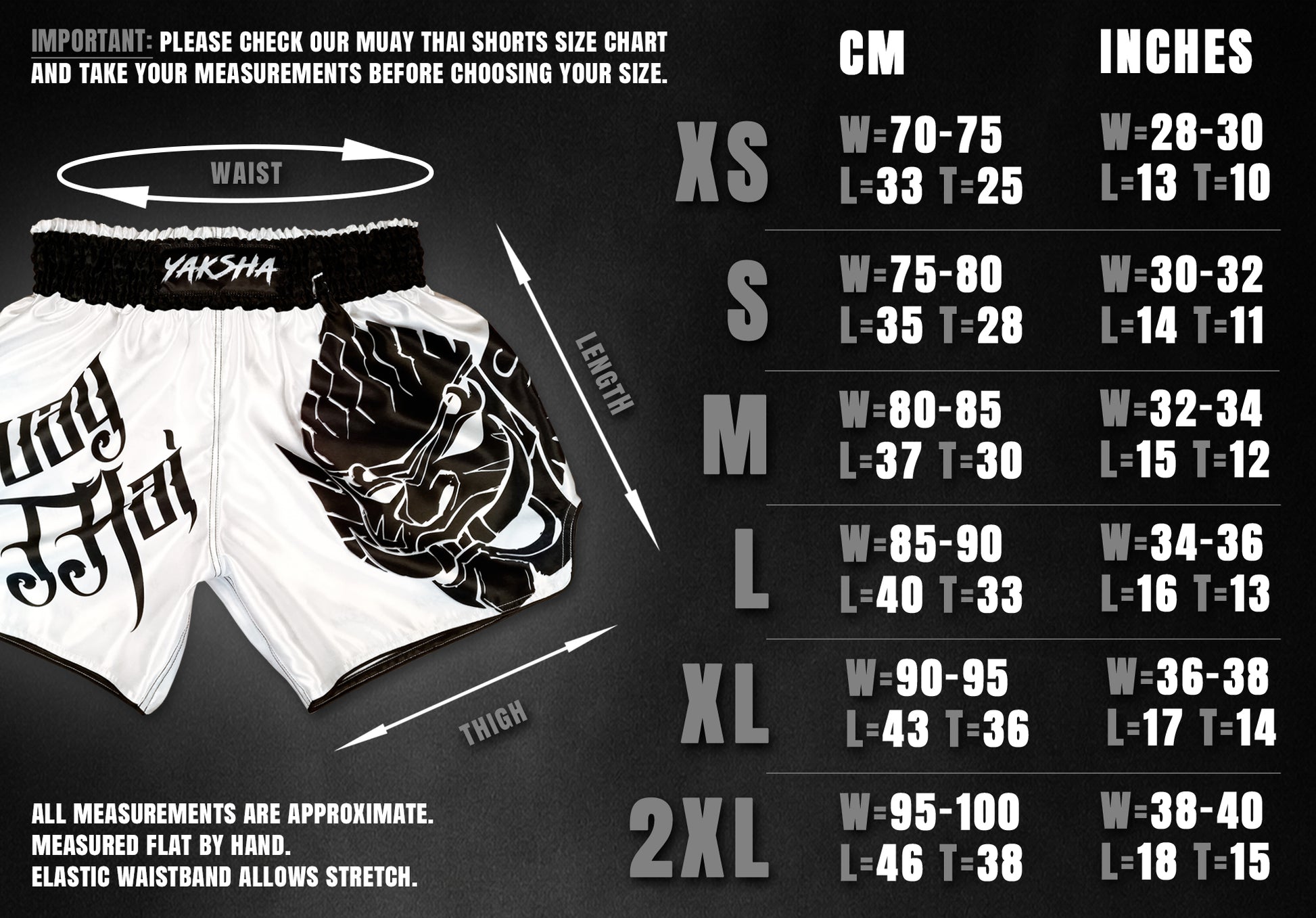Size chart for YAKSHA Yin and Yang fight shorts, waist and length measurements in cm and inches from XS to 2XL