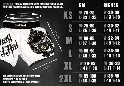 Size chart for YAKSHA Yin and Yang fight shorts, waist and length measurements in cm and inches from XS to 2XL