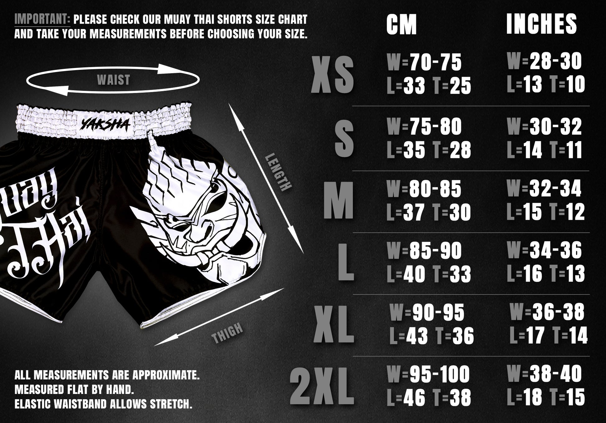 Size chart for YAKSHA Yin Yang Thai fightshorts in black and white, waist and length measurements in cm and inches from XS to 2XL
