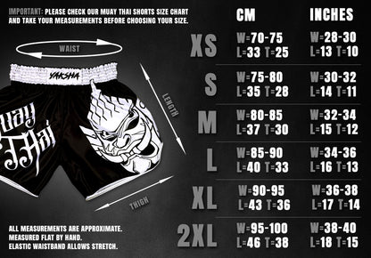 Size chart for YAKSHA Yin Yang Thai fightshorts in black and white, waist and length measurements in cm and inches from XS to 2XL