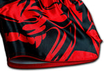 detail picture of red samurai on black muay thai shorts 