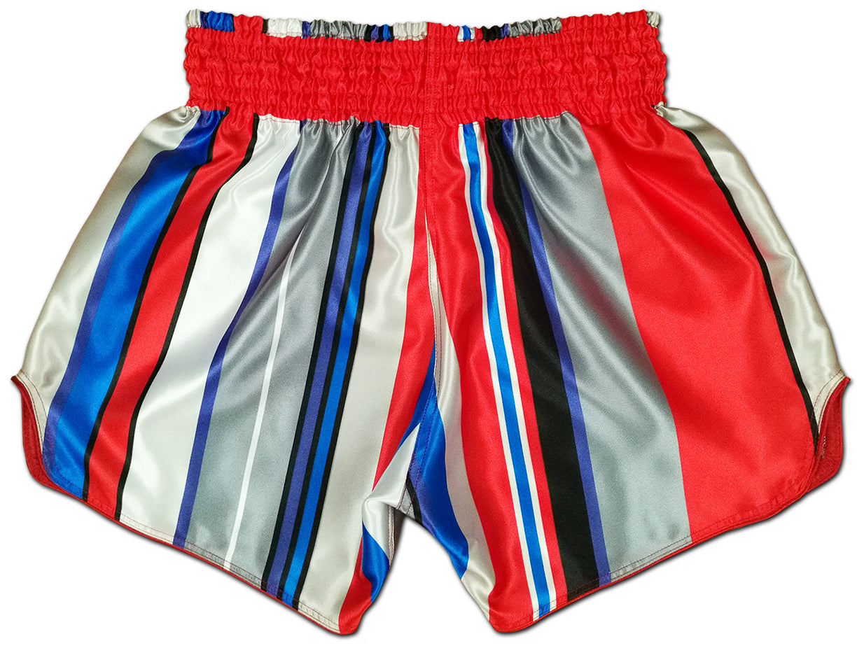 Back view of Beautiful Violence striped fight shorts with full-length vertical stripe pattern in red, blue, white, gray and black on premium satin
